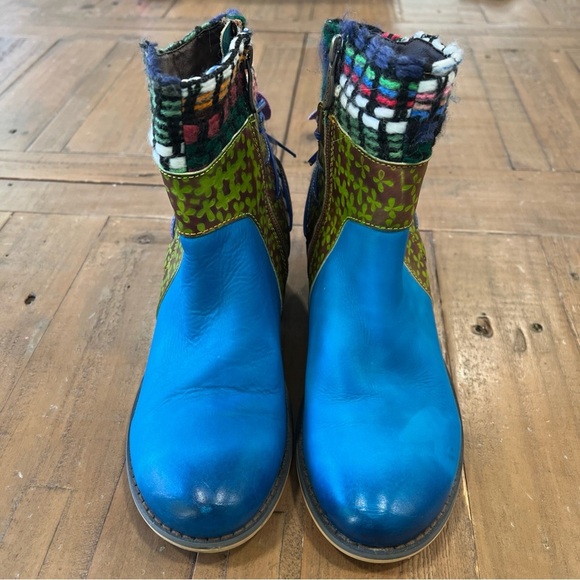 Socofy Women's Splicing Bohemia Leather Knit Block Heel Ankle Boots Blue US 6.5 - Picture 2 of 12